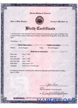 Realistic USA West Virginia birth certificate version 2 real example